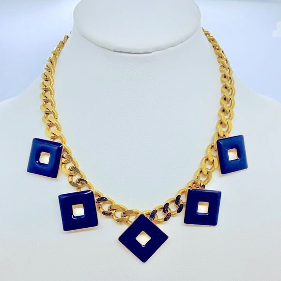 Vintage Art Deco Enamel Geometric Curb Chain Necklace 80s - Picture 1 of 11